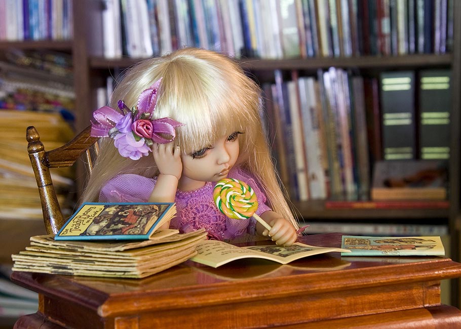 "L" is for Elin in her Lilac Lace Dress, Lounging at the Library, Licking her Lemon-Lime Lollipop