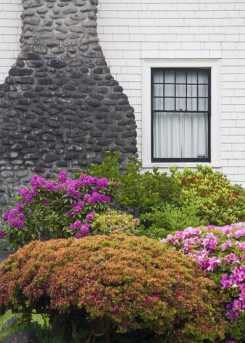 Stone Chimney with Blooming Bushes