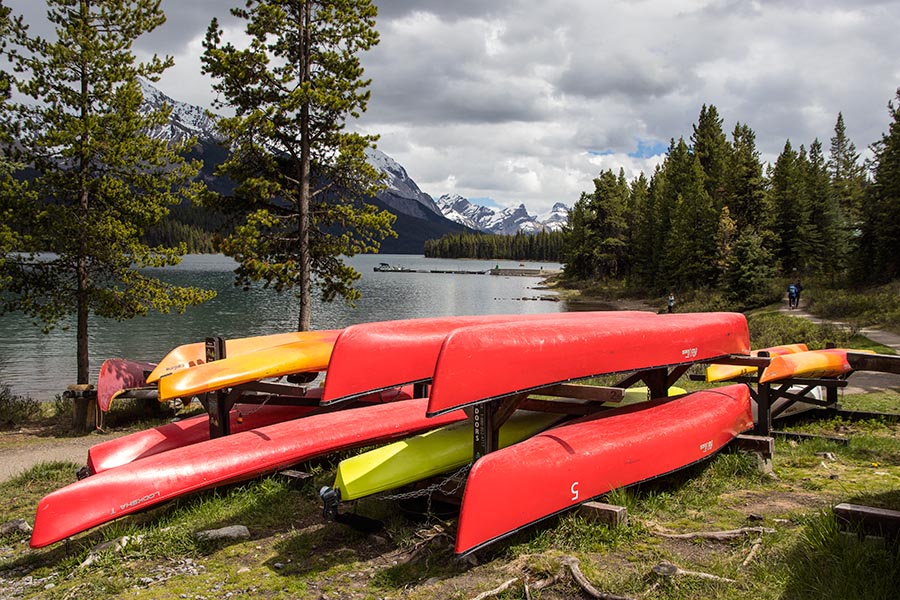 Canoes at Maligne Lake