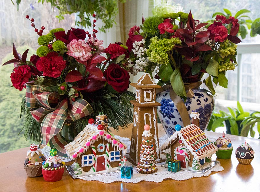 Gingerbread Village with Both Christmas Bouquets